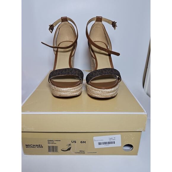Michael Kors Kimberly Logo and Leather Wedge Brown Sandal Size 6M - Picture 2 of 10